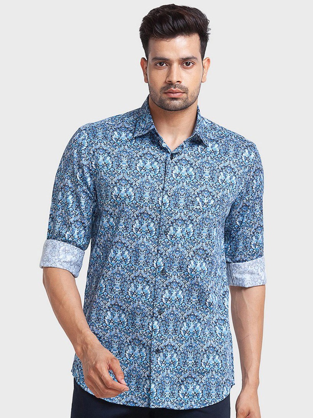

ColorPlus Men Blue Tailored Fit Floral Printed Casual Organic Cotton Shirt