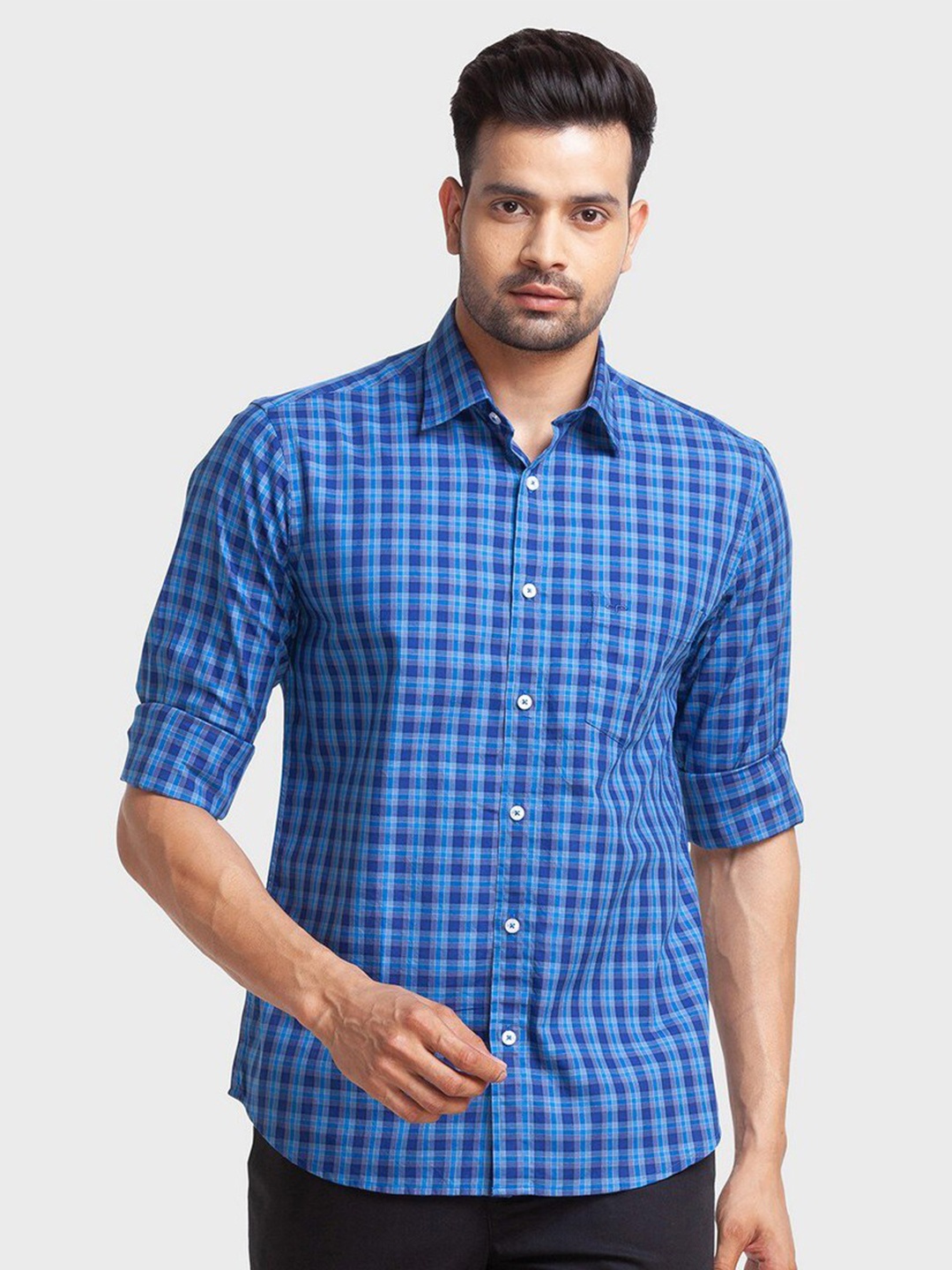 

ColorPlus Men Blue Tailored Fit Checked Casual Organic Cotton Shirt
