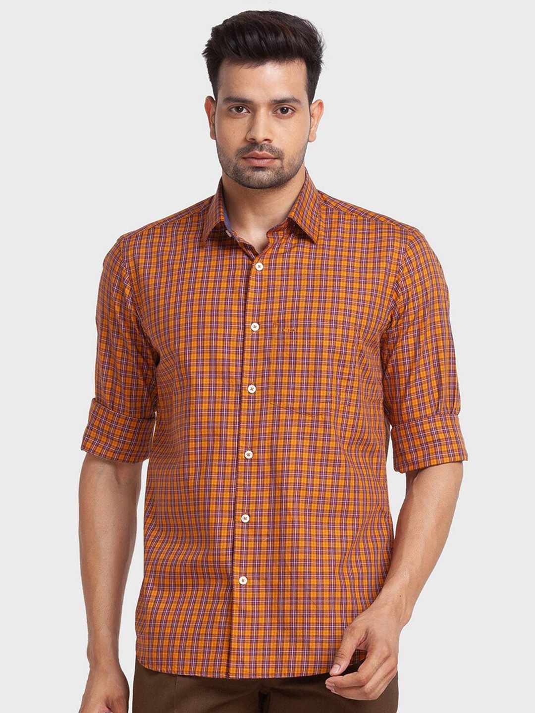 

ColorPlus Men Brown Tailored Fit Checked Casual Organic Cotton Shirt
