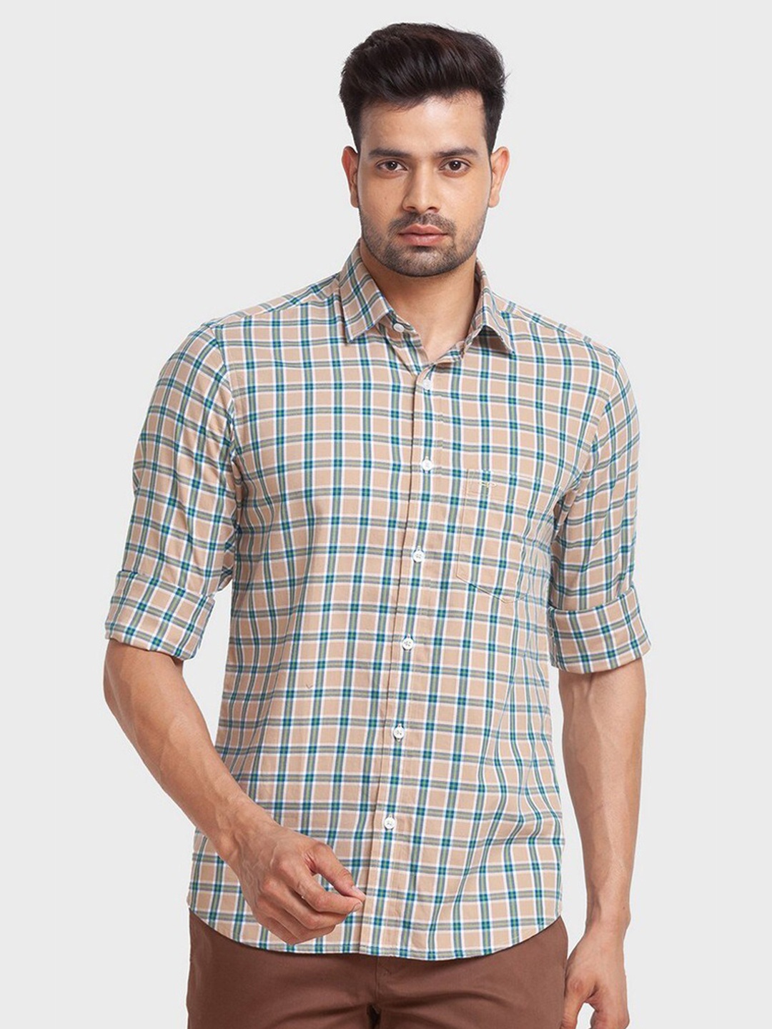 

ColorPlus Men Beige Tailored Fit Checked Casual Organic Cotton Shirt