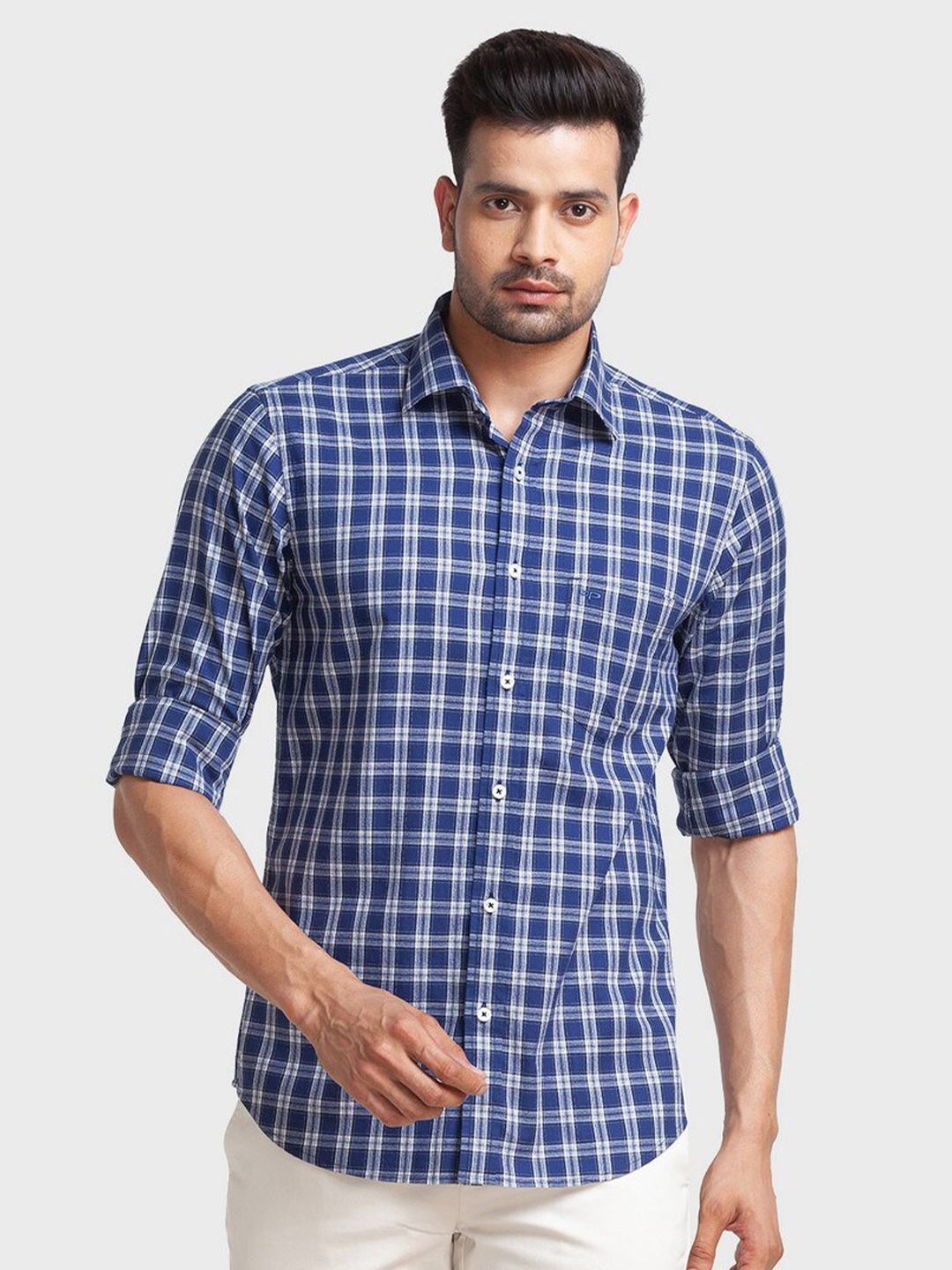 

ColorPlus Men Blue Tailored Fit Tartan Checked Casual Organic Cotton Shirt