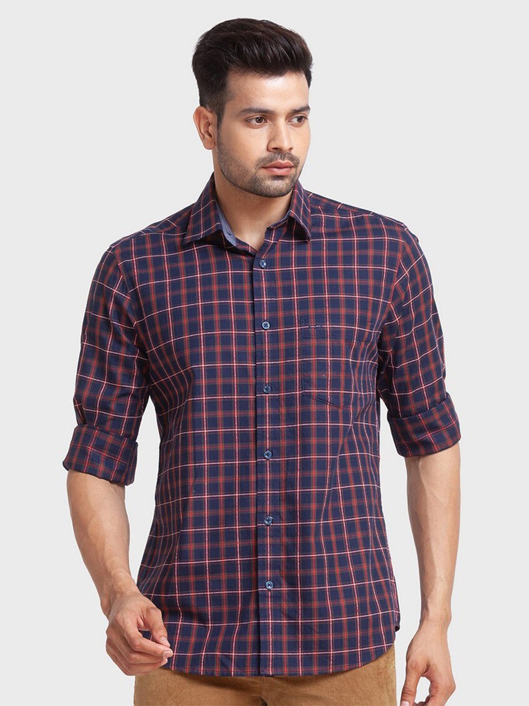 

ColorPlus Men Blue Tailored Fit Tartan Checked Casual Organic Cotton Shirt