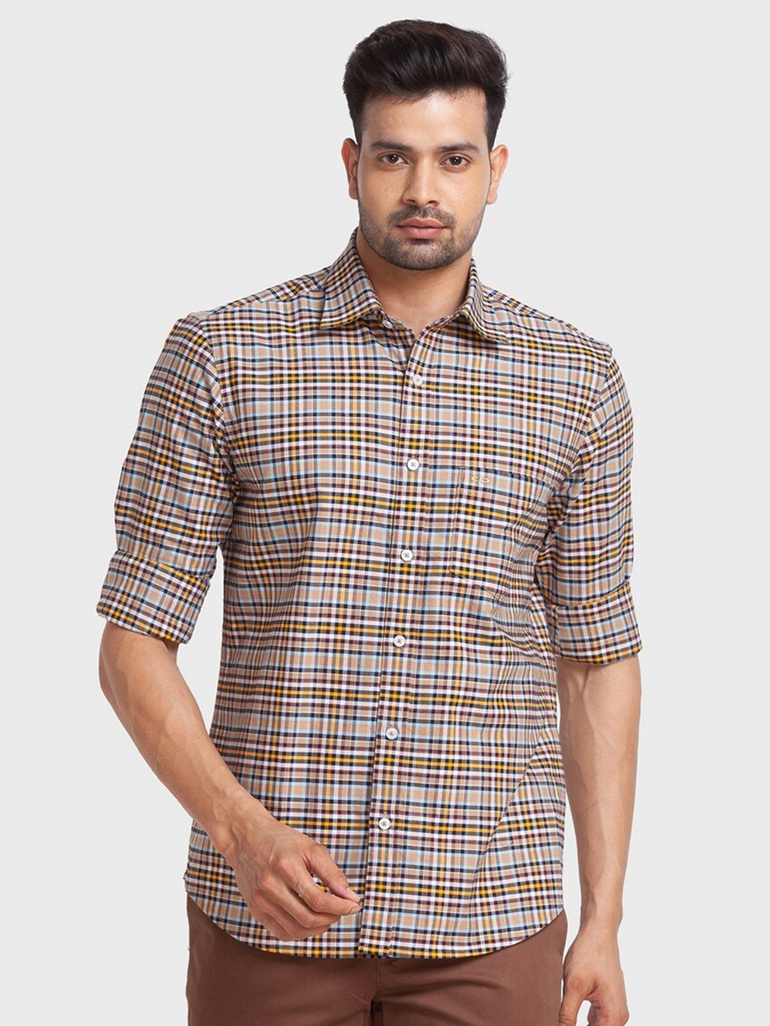 

ColorPlus Men Beige Organic Cotton Tailored Fit Checked Casual Shirt