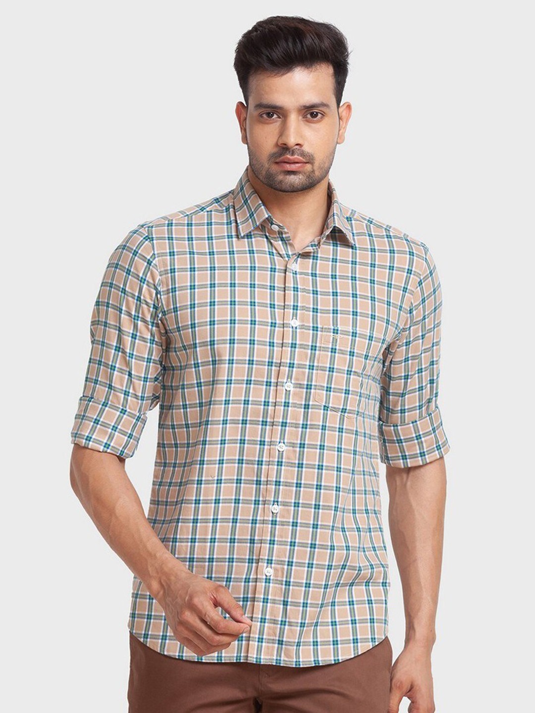 

ColorPlus Men Beige Organic Cotton Tailored Fit Checked Casual Shirt