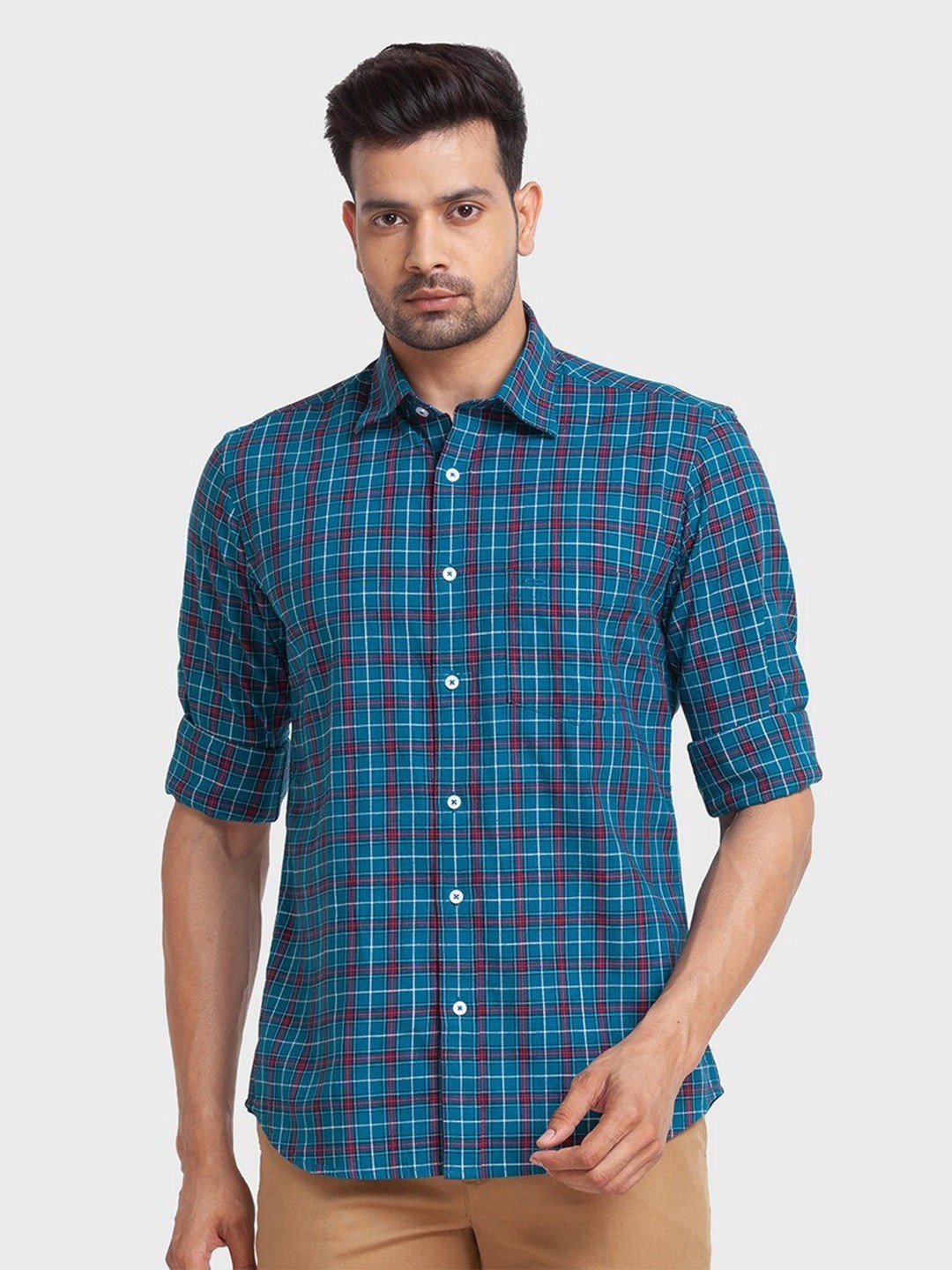 

ColorPlus Men Blue Organic Cotton Tailored Fit Tartan Checks Casual Shirt
