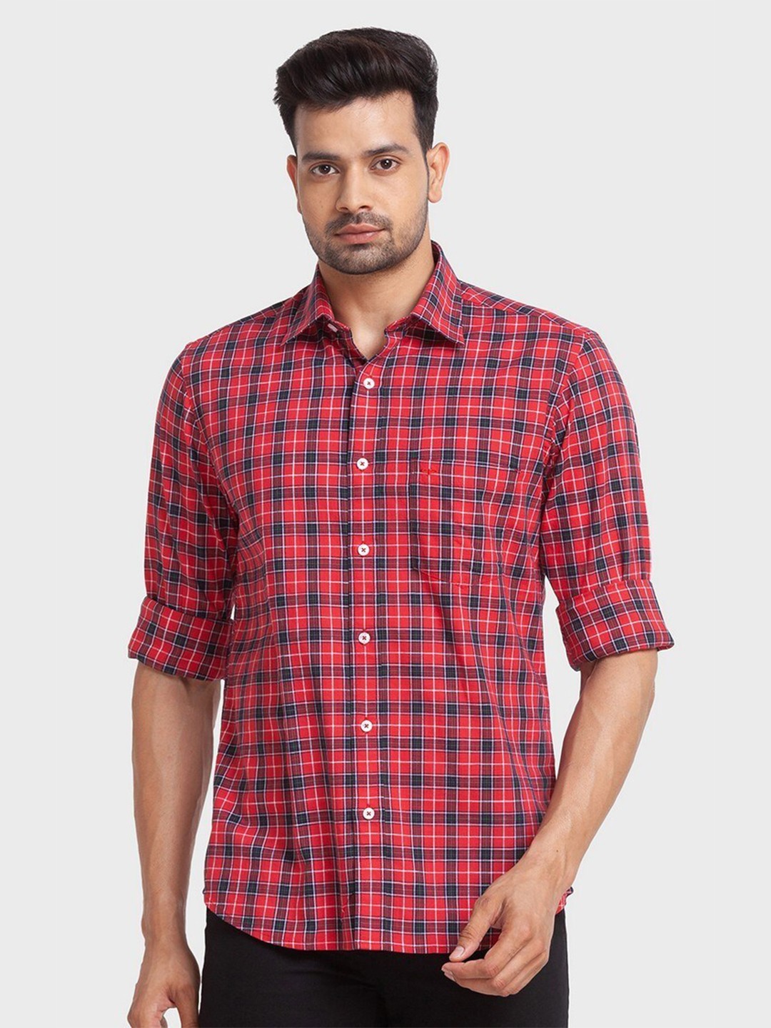 

ColorPlus Men Red Organic Cotton Tailored Fit Tartan Checks Casual Shirt