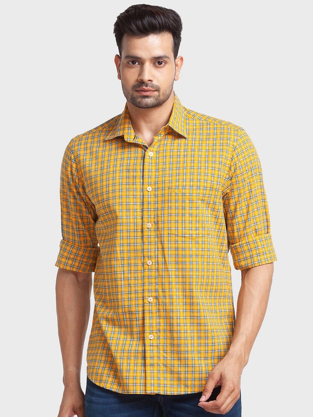 

ColorPlus Men Yellow Organic Cotton Tailored Fit Checked Casual Shirt