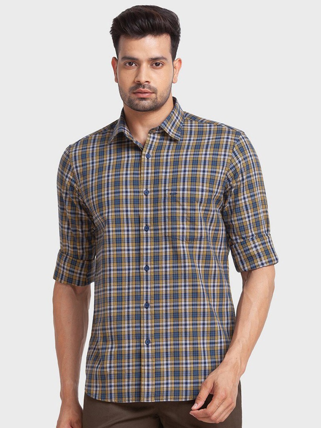 

ColorPlus Men Navy Blue Tartan Checked Organic Cotton Casual Shirt