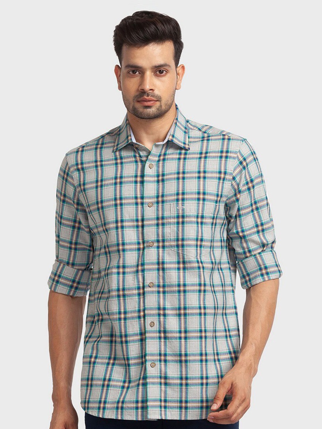 

ColorPlus Men Grey Tartan Checked Organic Cotton Casual Shirt