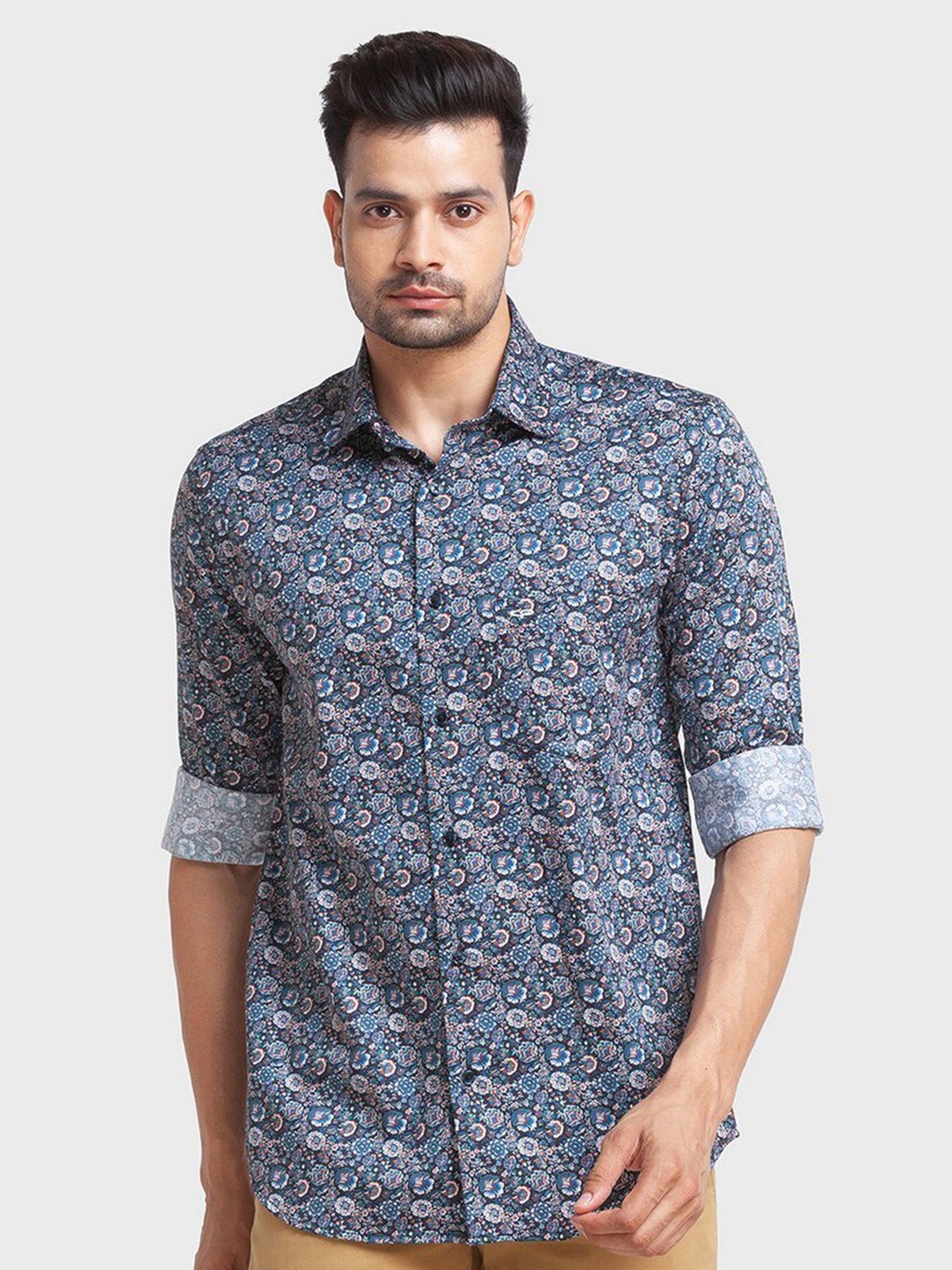 

ColorPlus Men Blue Floral Printed Organic Cotton Casual Shirt
