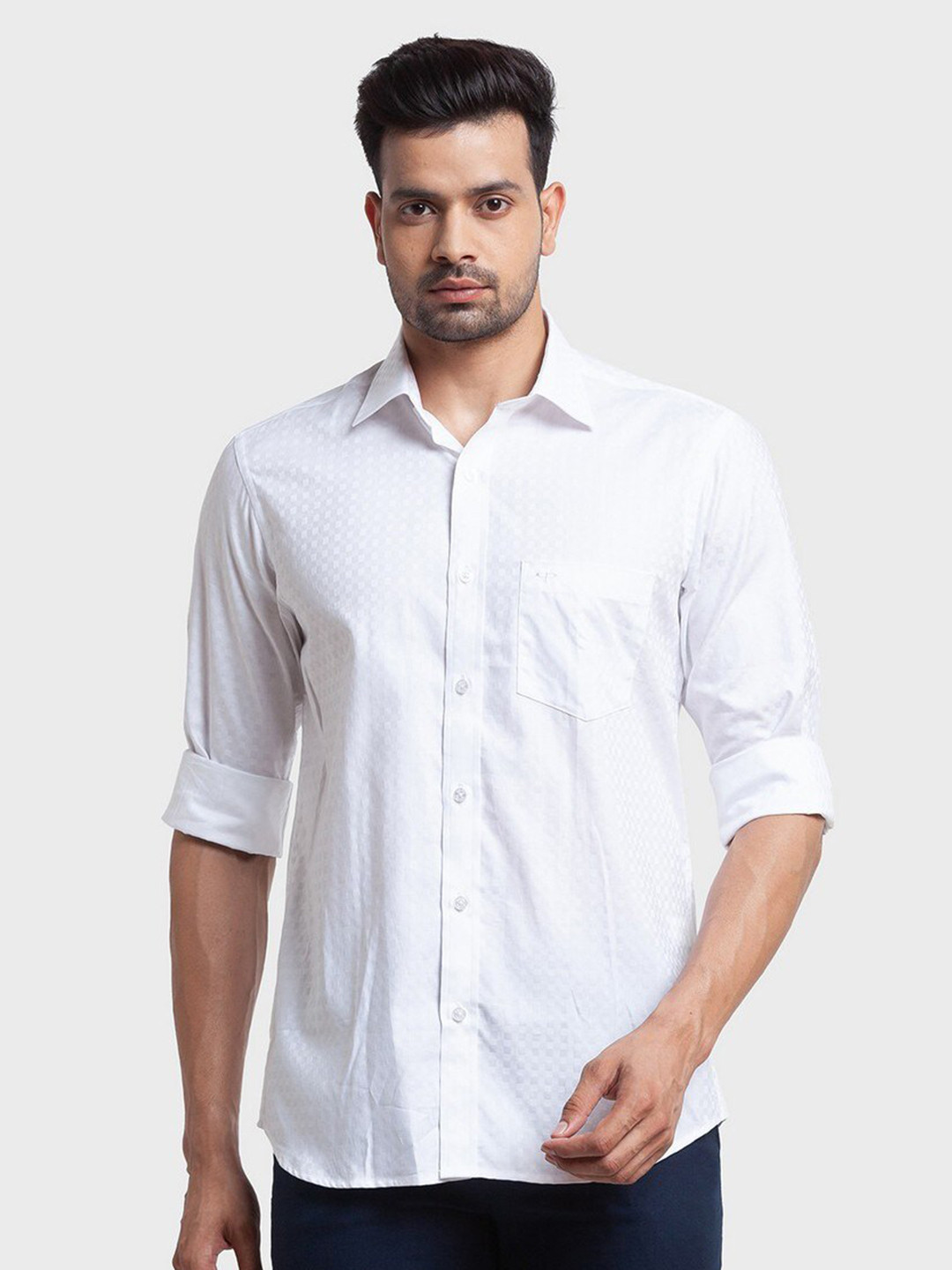 

ColorPlus Plus Size Men White Micro Checks Organic Cotton Casual Shirt