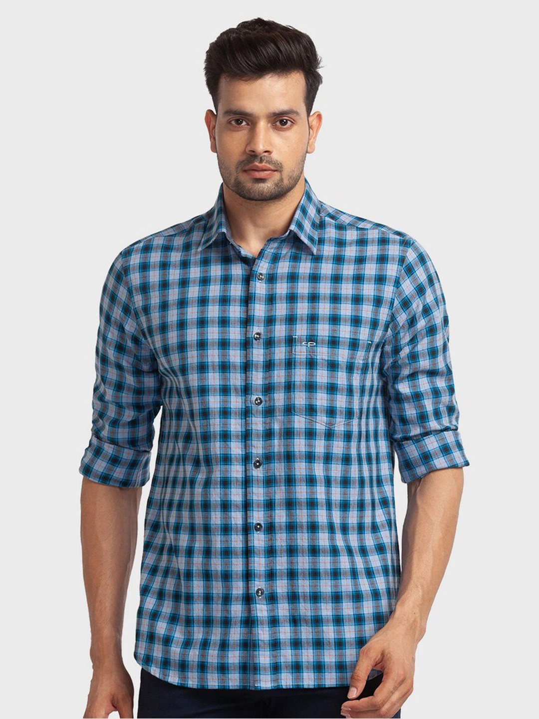 

ColorPlus Men Blue Tailored Fit Checked Casual Shirt
