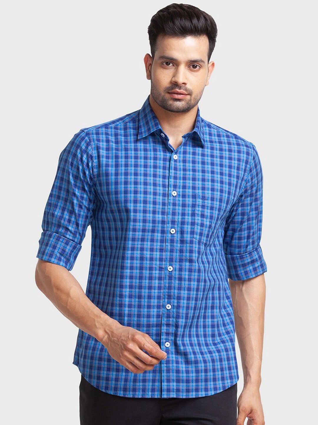 

ColorPlus Men Blue Tailored Fit Checked Casual Shirt