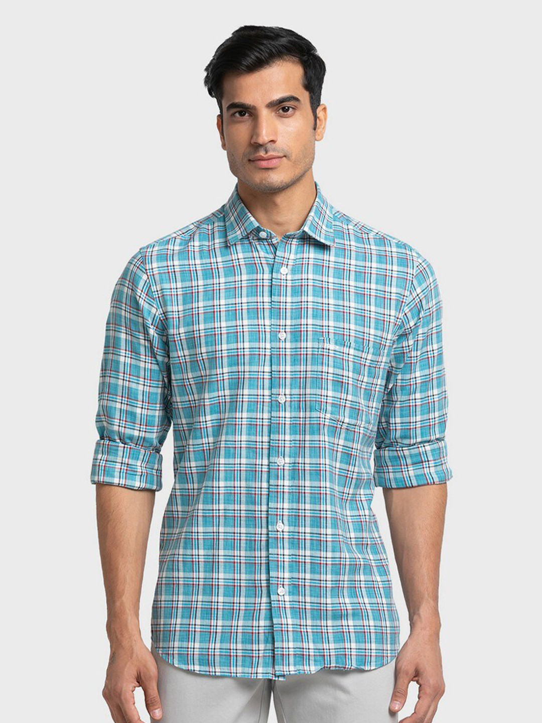 

ColorPlus Men Green Tailored Fit Checked Casual Shirt