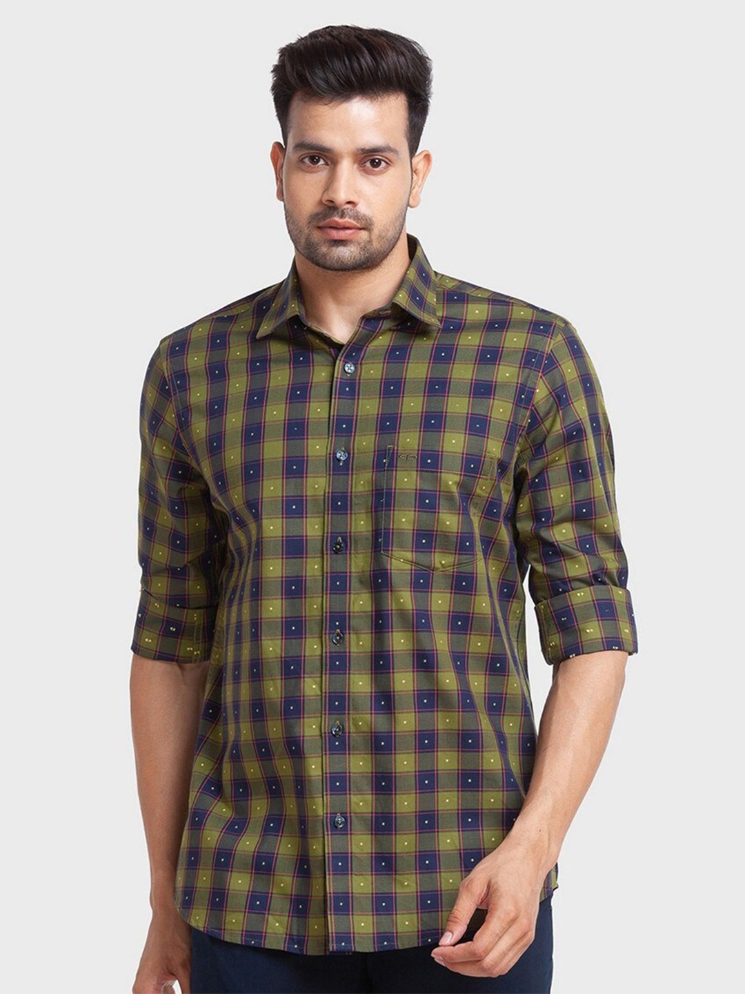 

ColorPlus Men Green Tailored Fit Checked Organic Cotton Casual Shirt