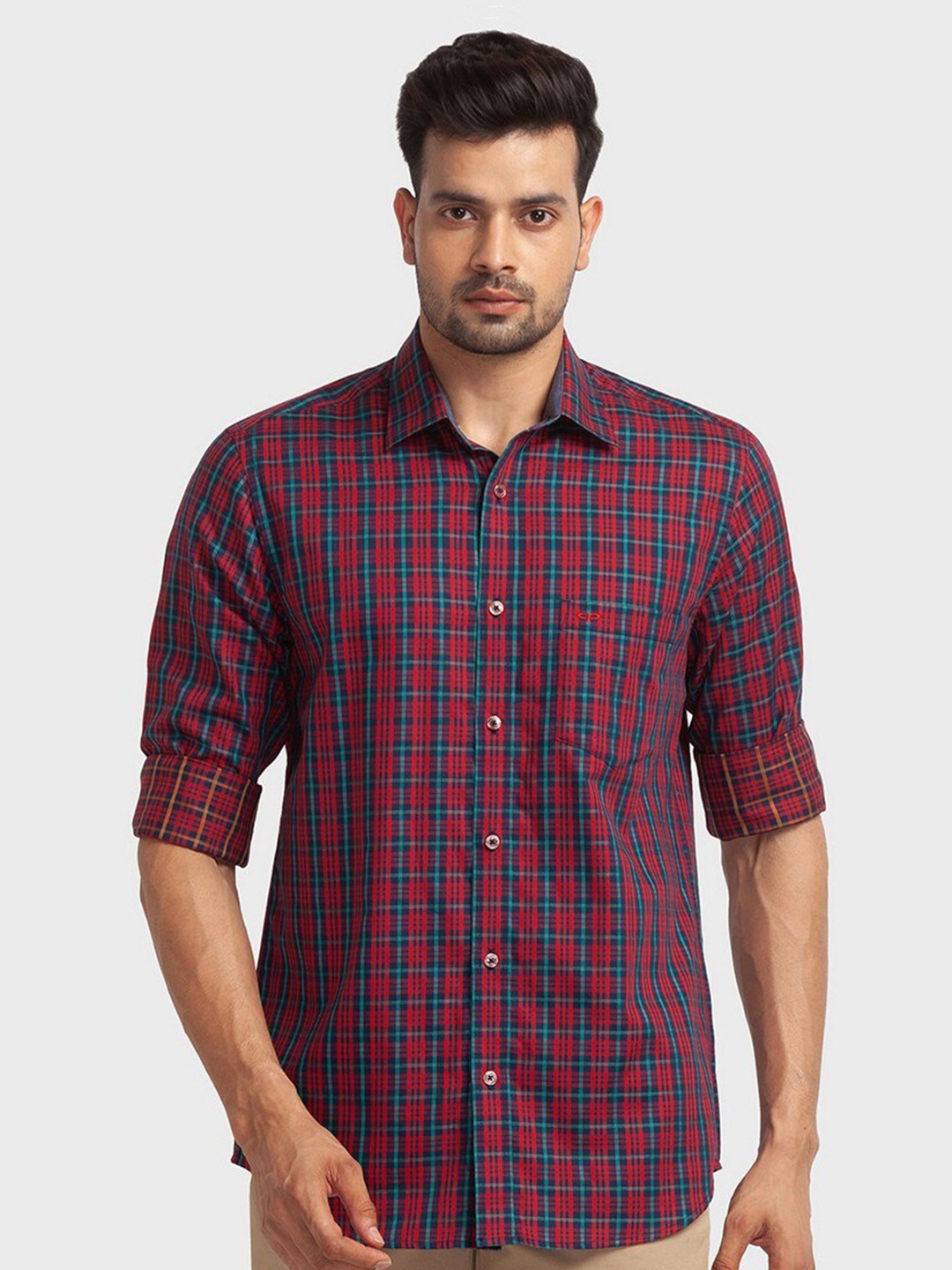 

ColorPlus Men Red Tailored Fit Checked Organic Cotton Casual Shirt