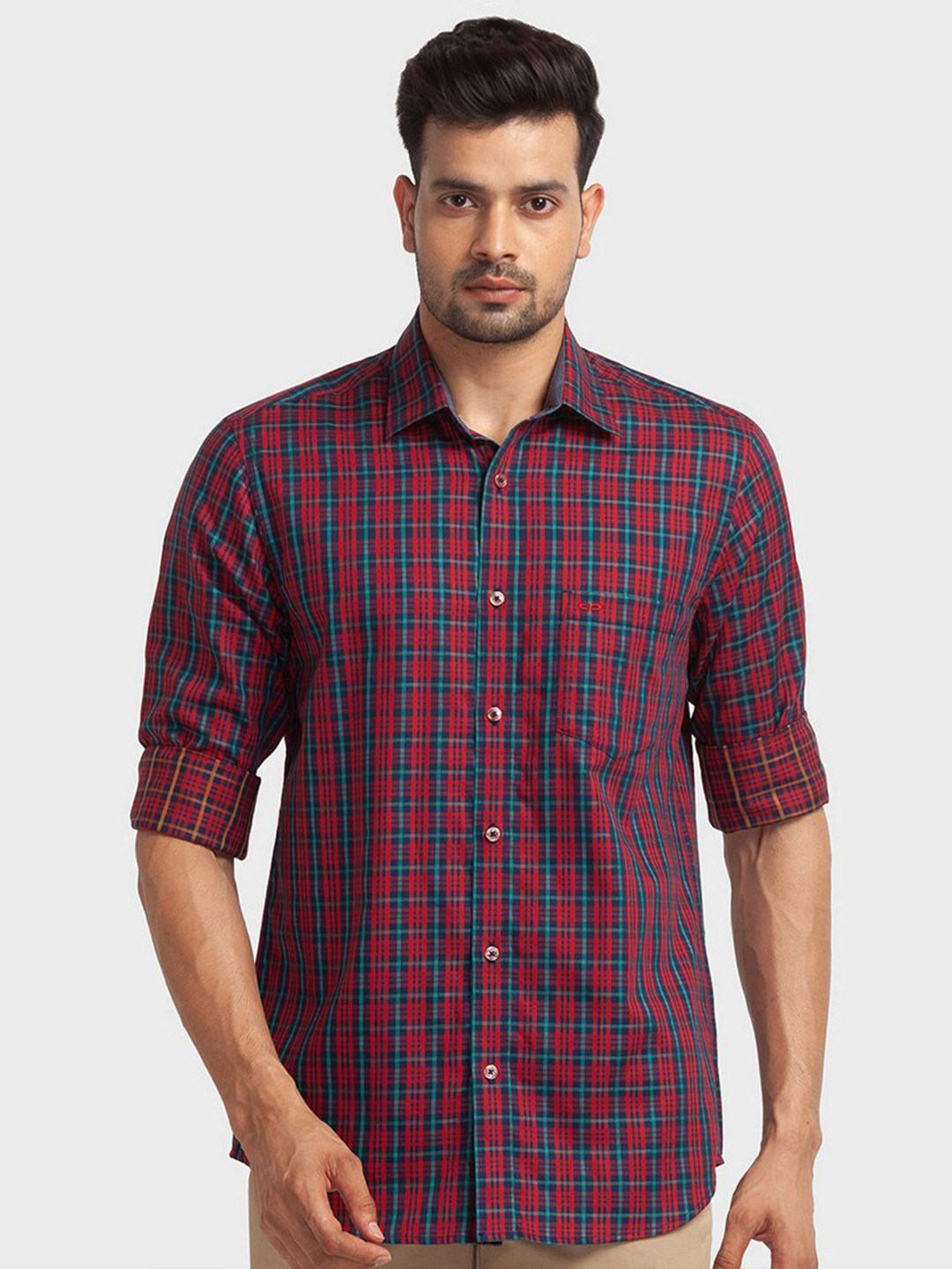 

ColorPlus Men Red Tailored Fit Checked Organic Cotton Casual Shirt