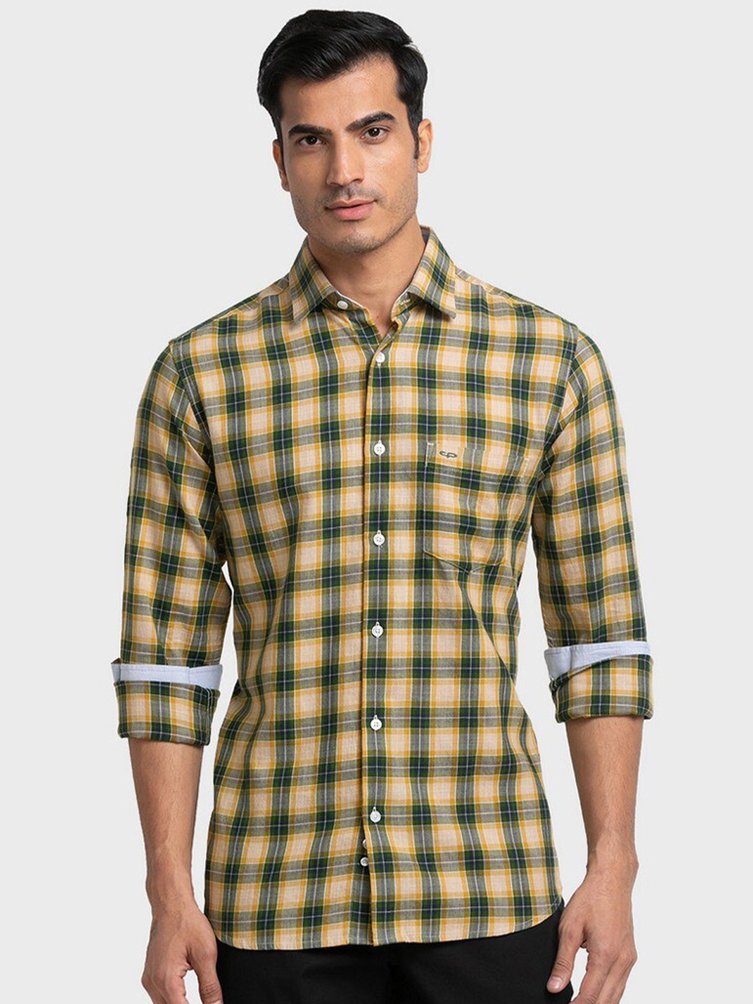

ColorPlus Men Green Tailored Fit Checked Organic Cotton Casual Shirt