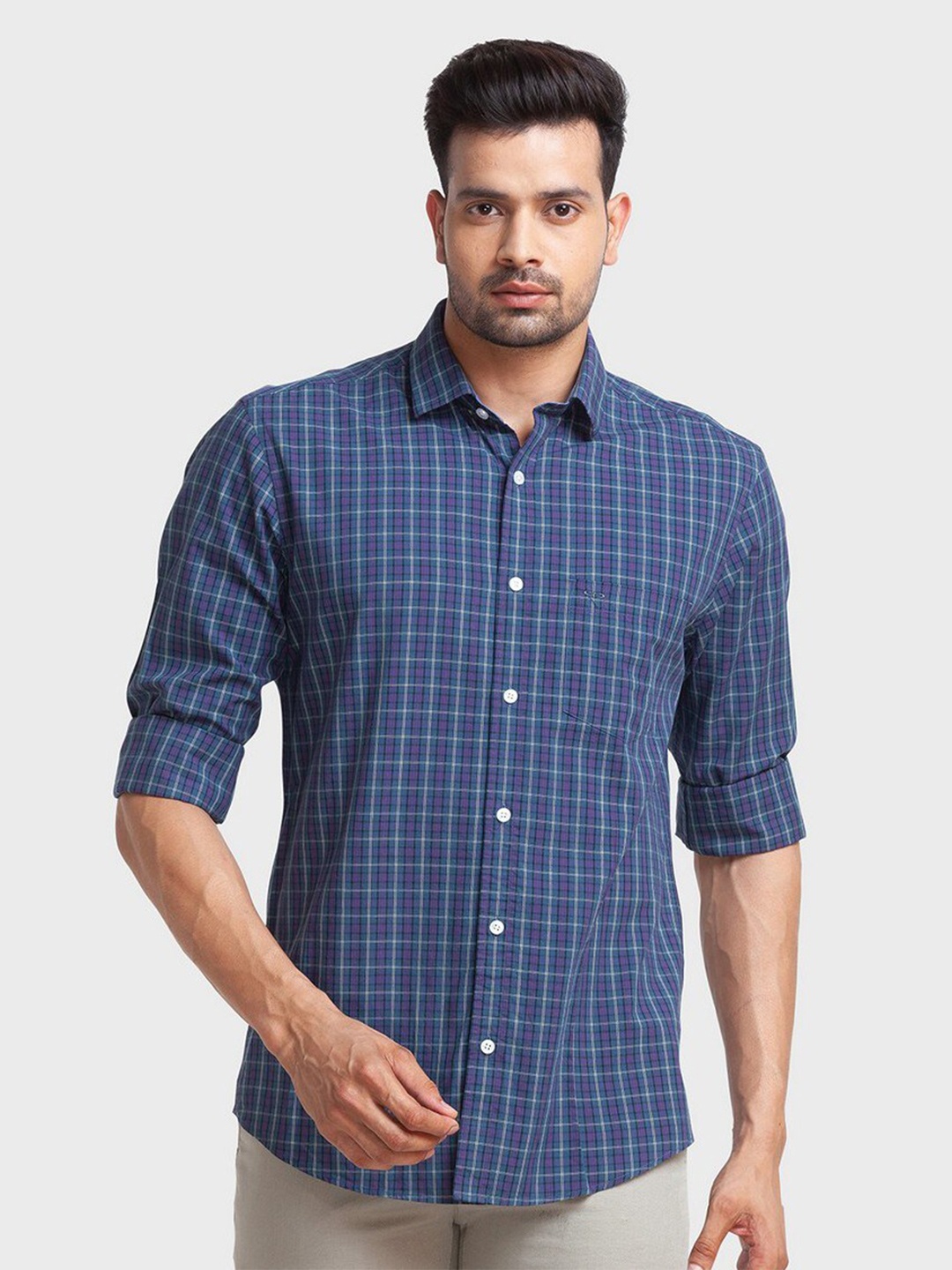 

ColorPlus Men Blue Tailored Fit Checked Organic Cotton Casual Shirt