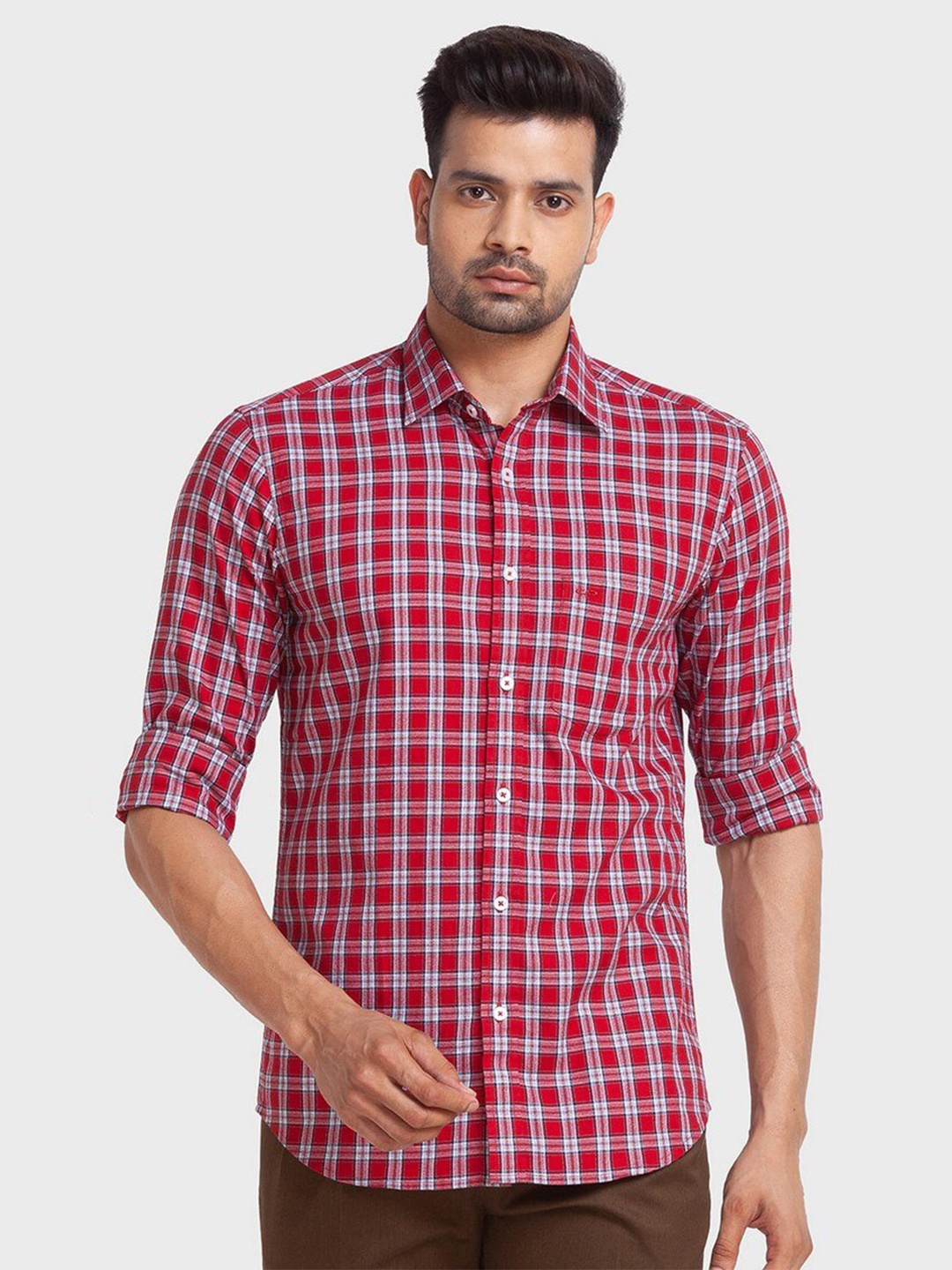 

ColorPlus Men Red Tailored Fit Tartan Checked Organic Cotton Casual Shirt