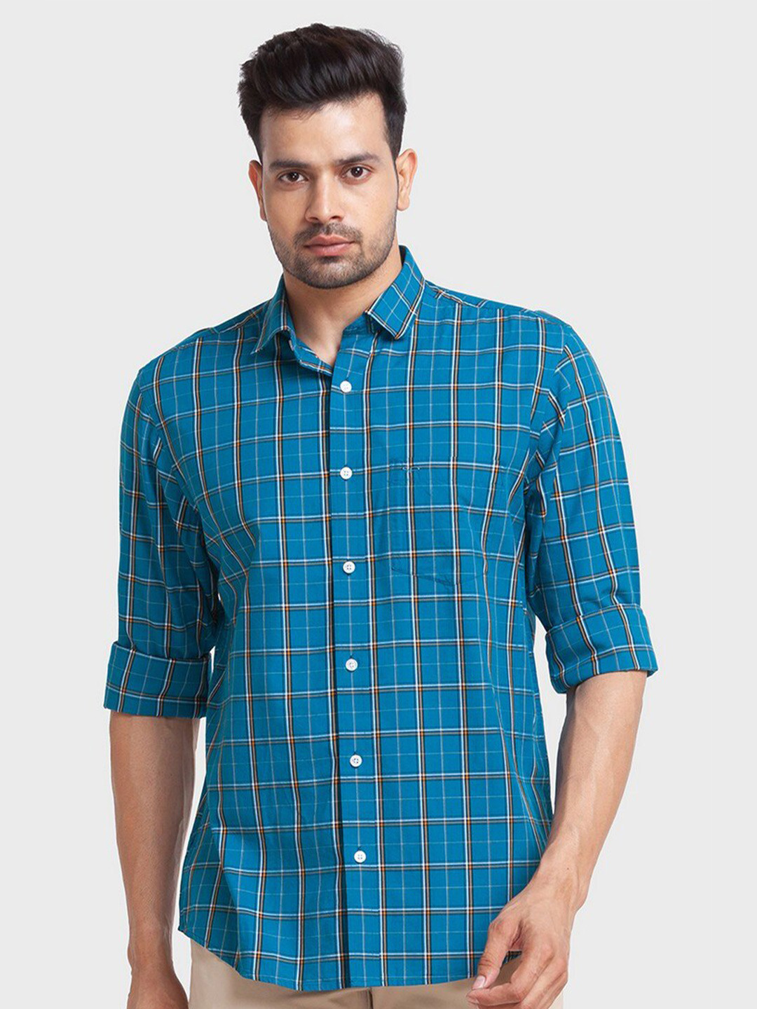 

ColorPlus Men Blue Tailored Fit Tartan Checked Organic Cotton Casual Shirt