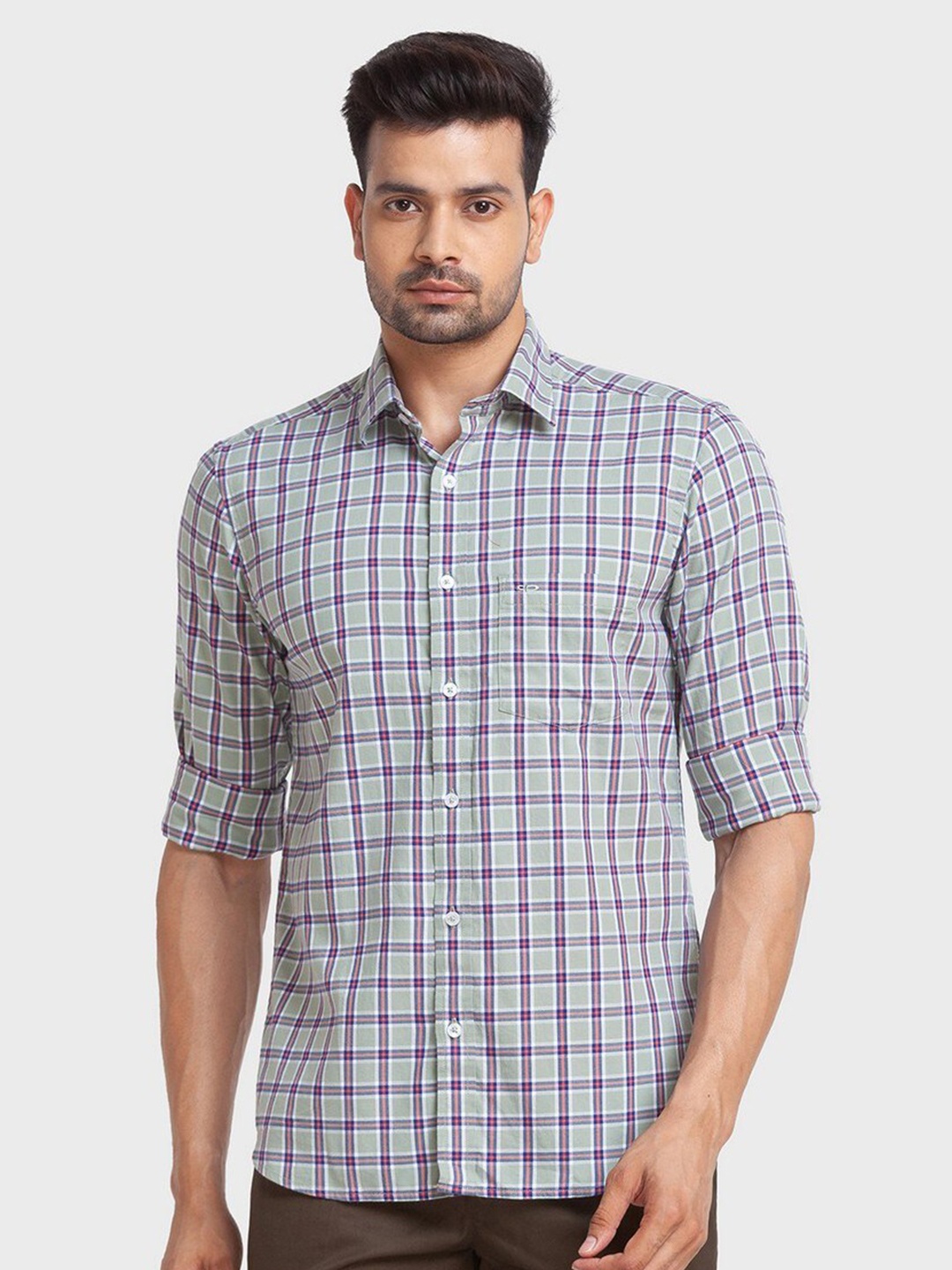 

ColorPlus Men Green Tailored Fit Tartan Checked Organic Cotton Casual Shirt