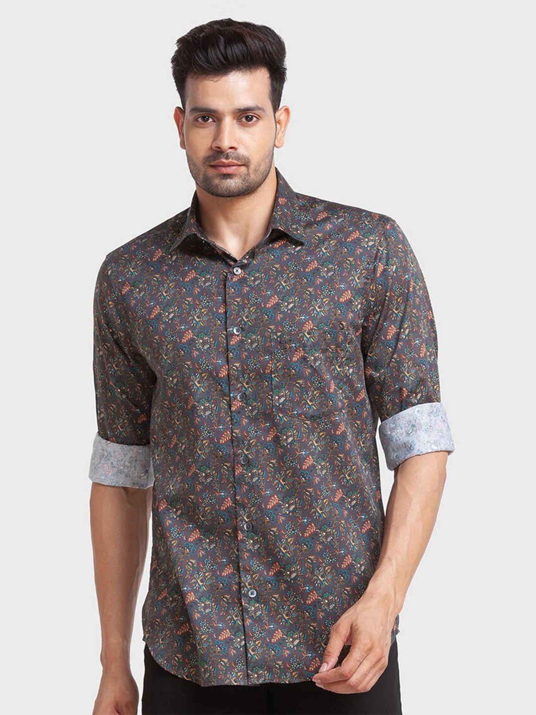 

ColorPlus Men Grey Tailored Fit Floral Printed Organic Cotton Casual Shirt