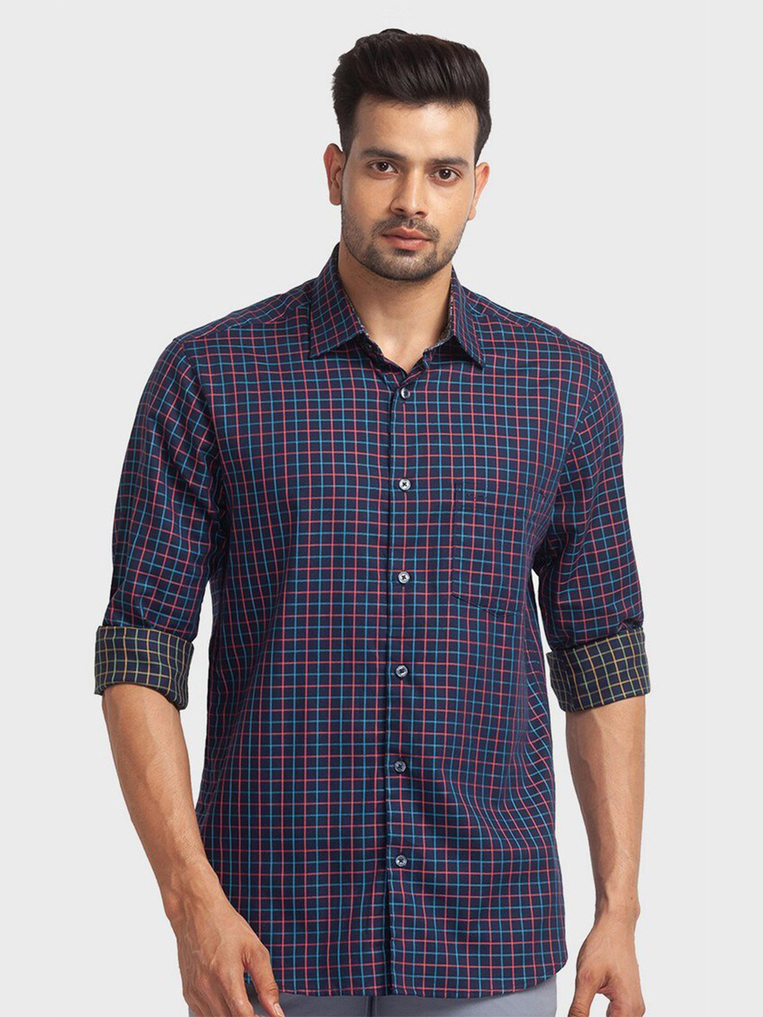 

ColorPlus Men Blue Tailored Fit Checked Organic Cotton Casual Shirt