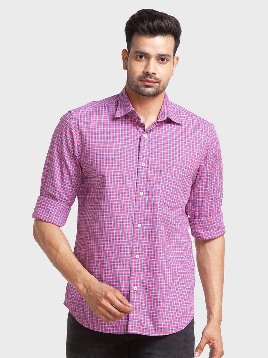 

ColorPlus Men Pink Tailored Fit Checked Organic Cotton Casual Shirt