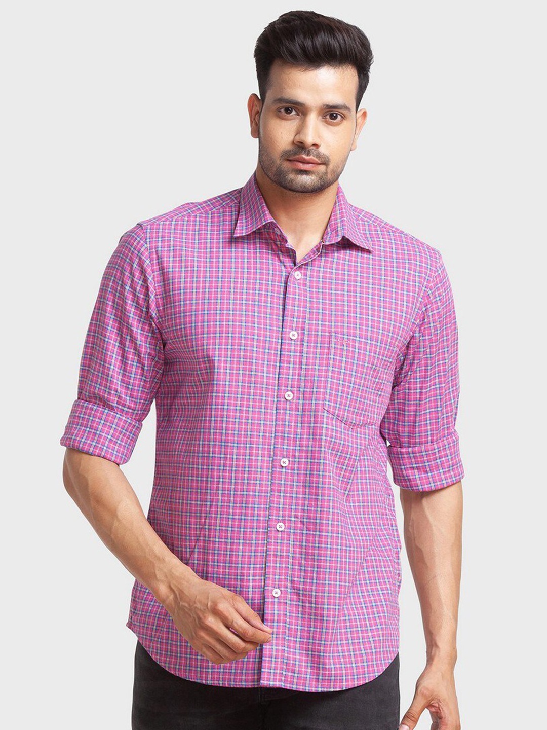 

ColorPlus Men Pink Tailored Fit Checked Organic Cotton Casual Shirt