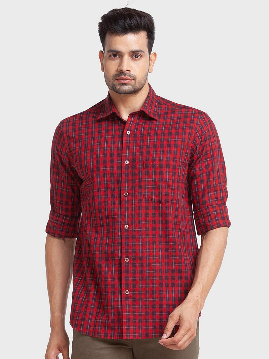 

ColorPlus Men Red Tailored Fit Checked Organic Cotton Casual Shirt
