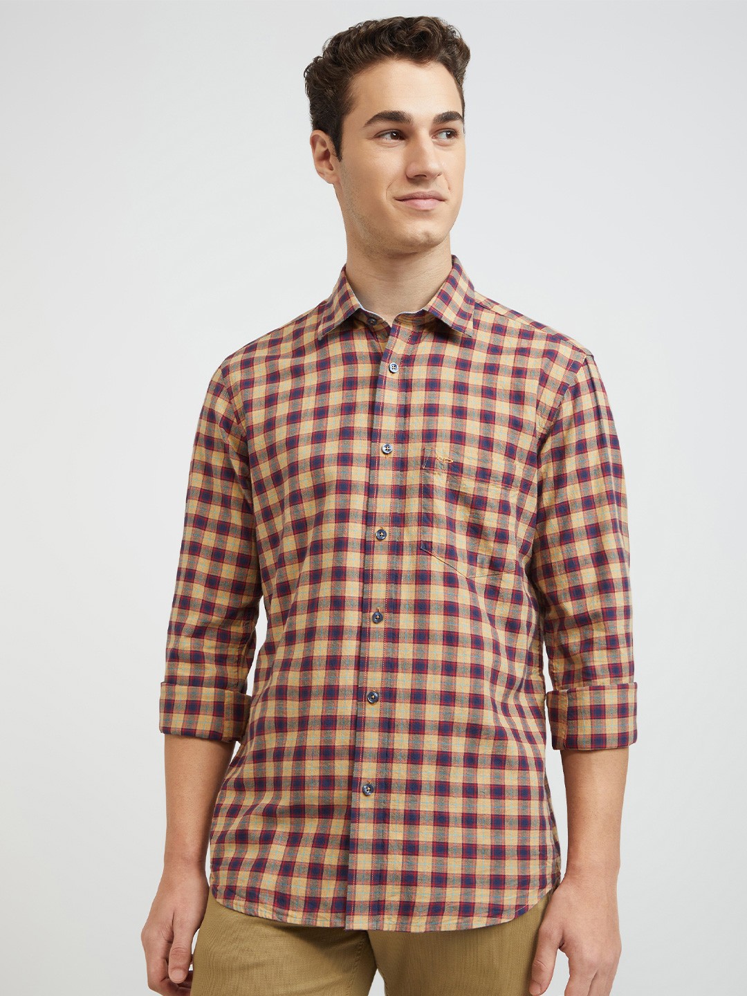 

ColorPlus Men Yellow Tailored Fit Checked Organic Cotton Casual Shirt