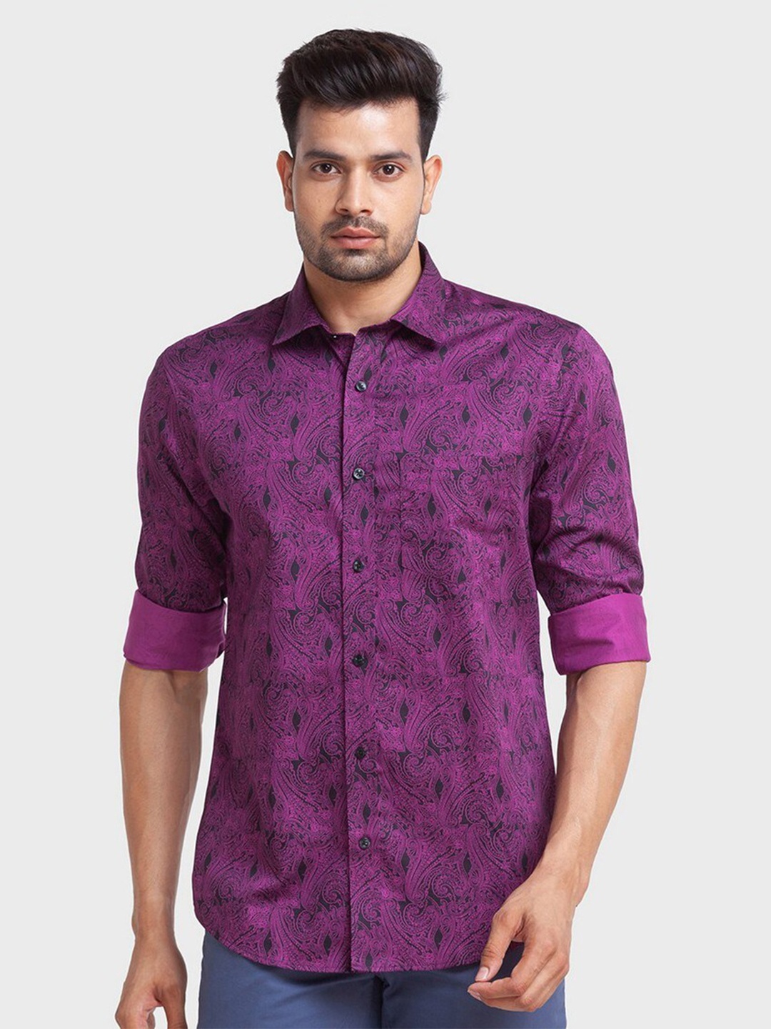 

ColorPlus Men Purple Tailored Fit Floral Printed Organic Cotton Casual Shirt