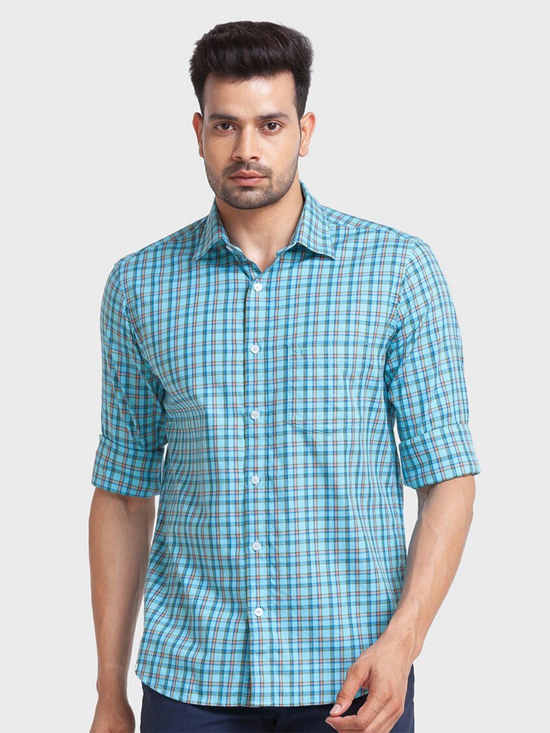 

ColorPlus Men Blue Tailored Fit Checked Organic Cotton Casual Shirt
