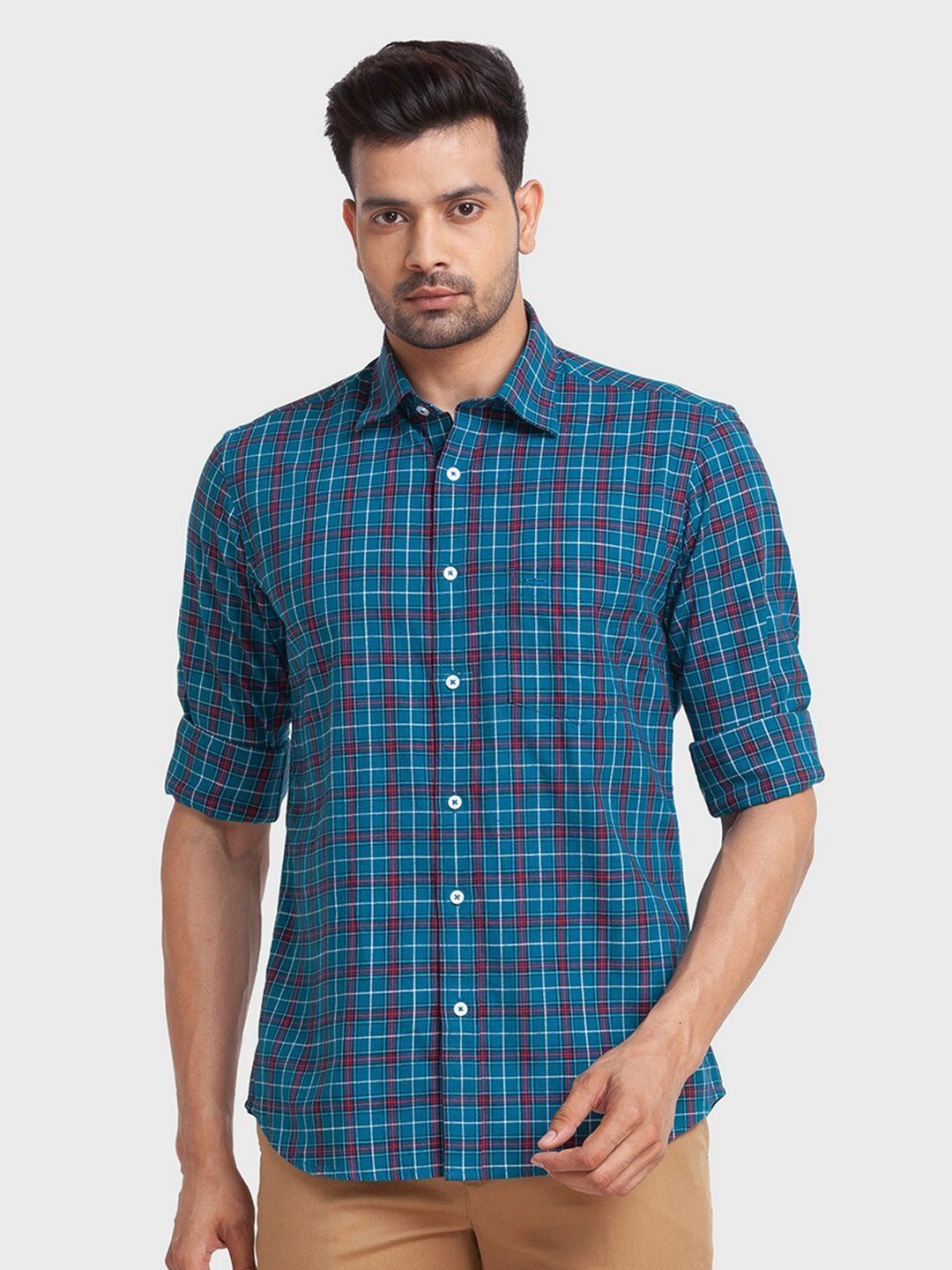 

ColorPlus Men Blue Tailored Fit Tartan Checks Organic Cotton Casual Shirt