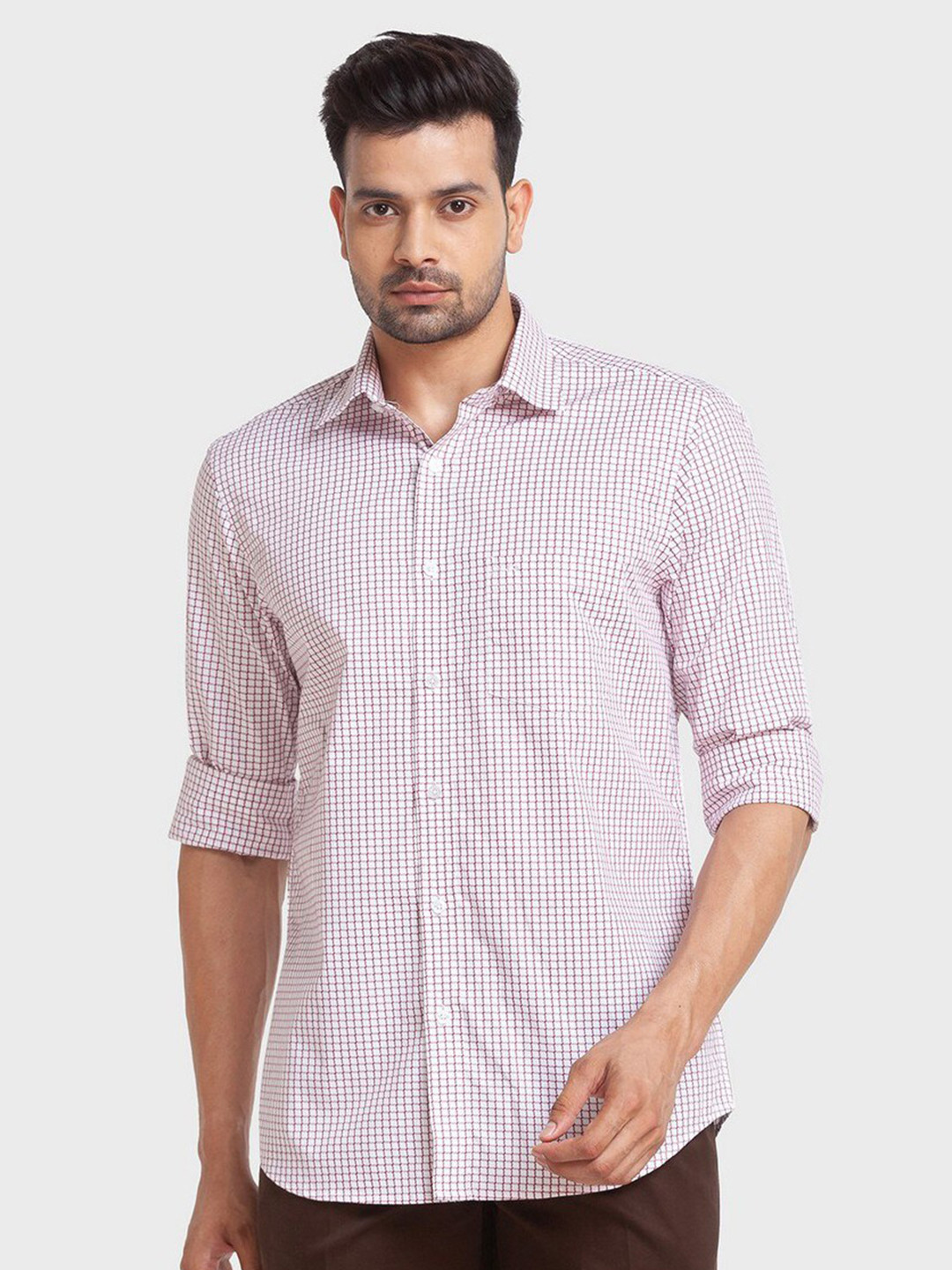 

ColorPlus Men Red Tailored Fit Grid Tattersall Checks Organic Cotton Casual Shirt