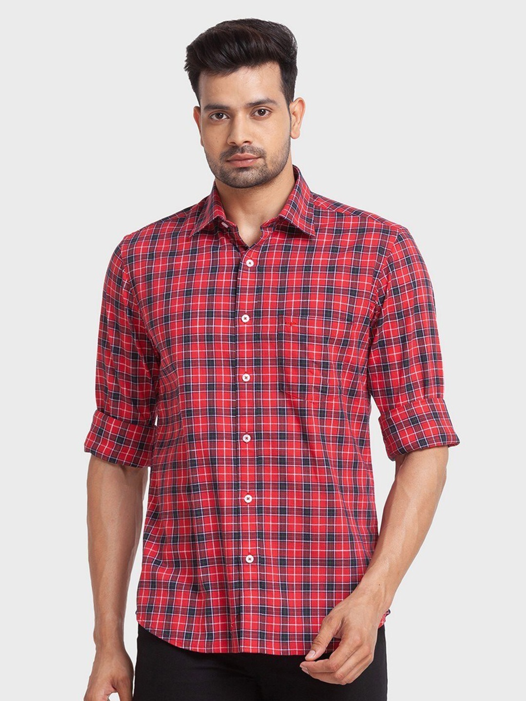 

ColorPlus Men Red Tailored Fit Tartan Checks Organic Cotton Casual Shirt