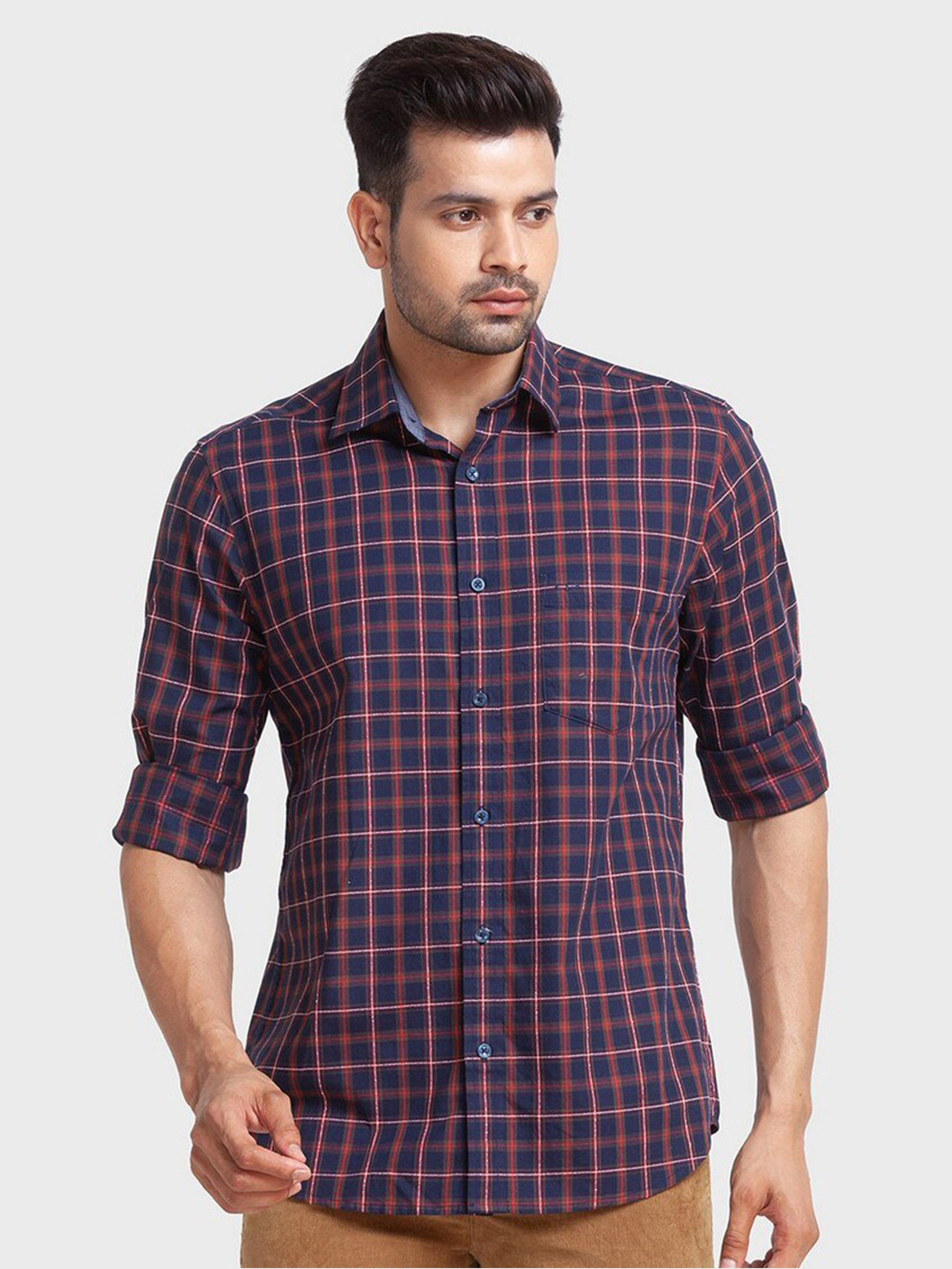 

ColorPlus Men Blue Tailored Fit Tartan Checks Organic Cotton Casual Shirt