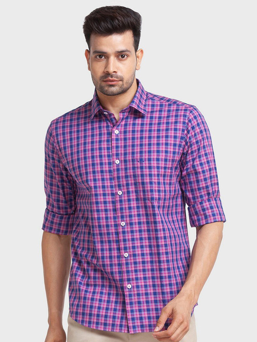 

ColorPlus Men Blue & Red Tailored Fit Checked Organic Cotton Casual Shirt