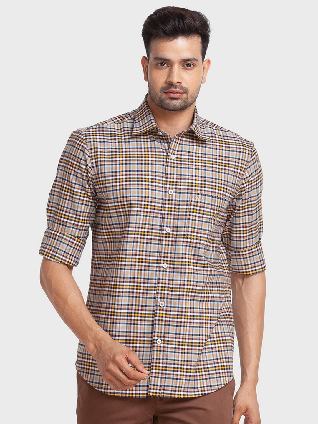 

ColorPlus Men Beige Tailored Fit Checked Organic Cotton Casual Shirt
