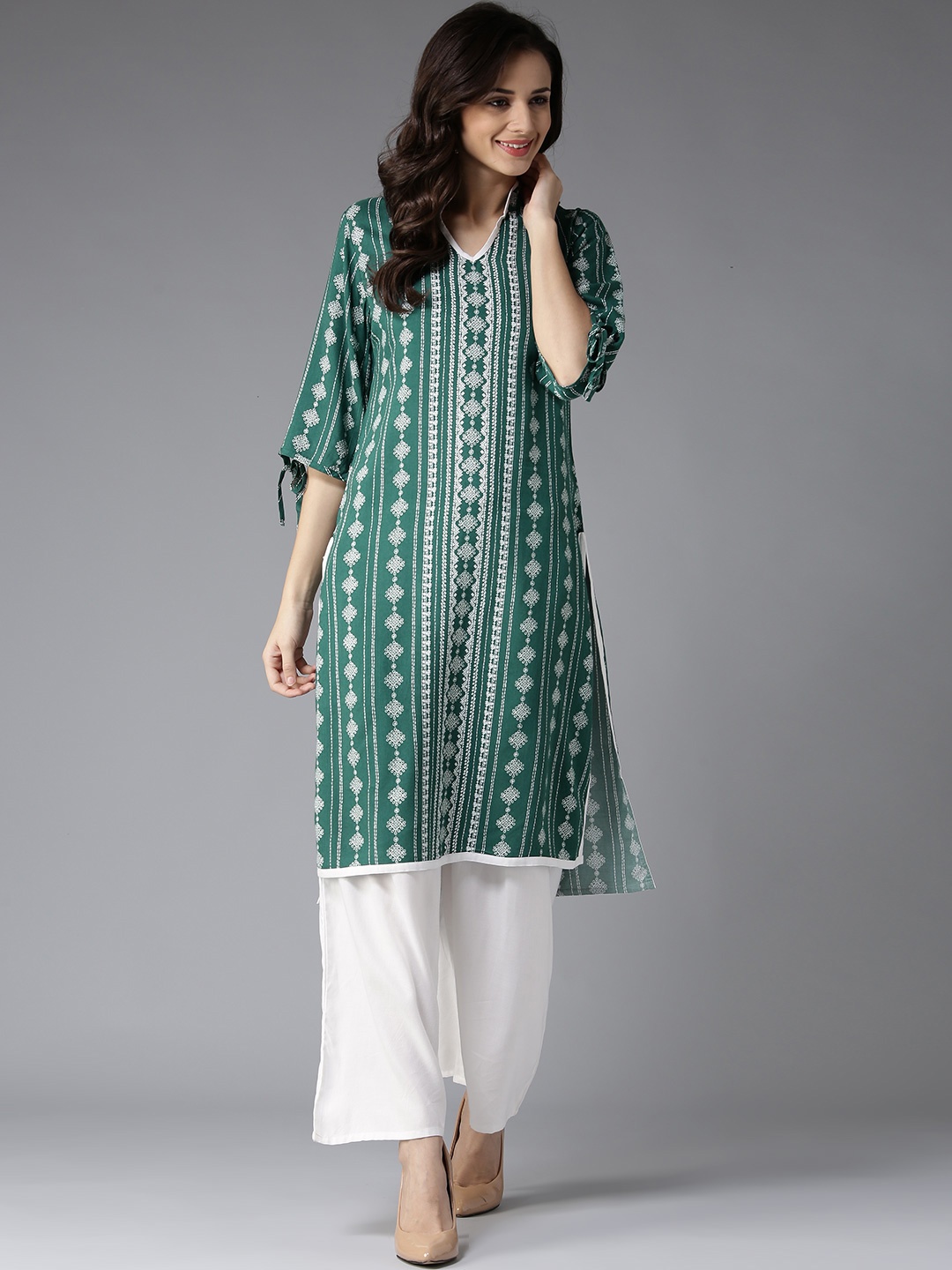 

HERE&NOW Women Teal Green Printed Straight Kurta