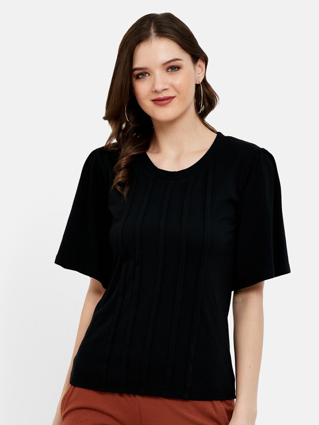 

UNMADE Black Solid Cotton Modal Pleated front Top