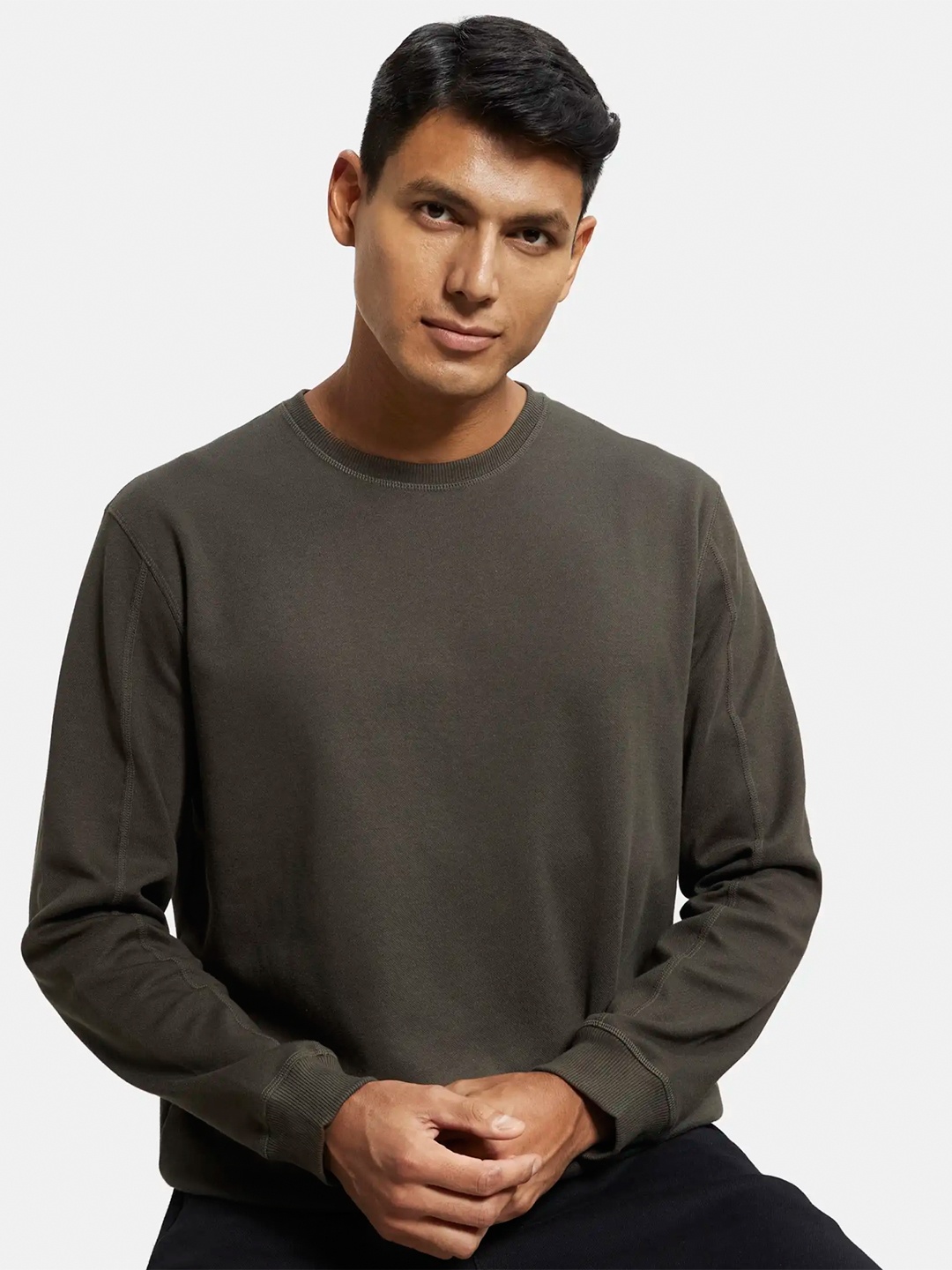 

Jockey Combed Cotton Rich Pique Sweatshirt with Ribbed Cuffs-AM48, Olive