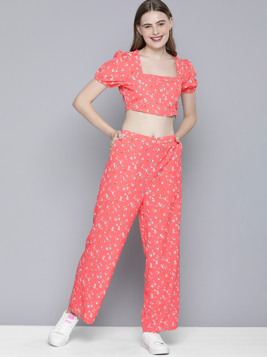 

Mast & Harbour Women Floral Printed Crop Top with Trousers, Coral