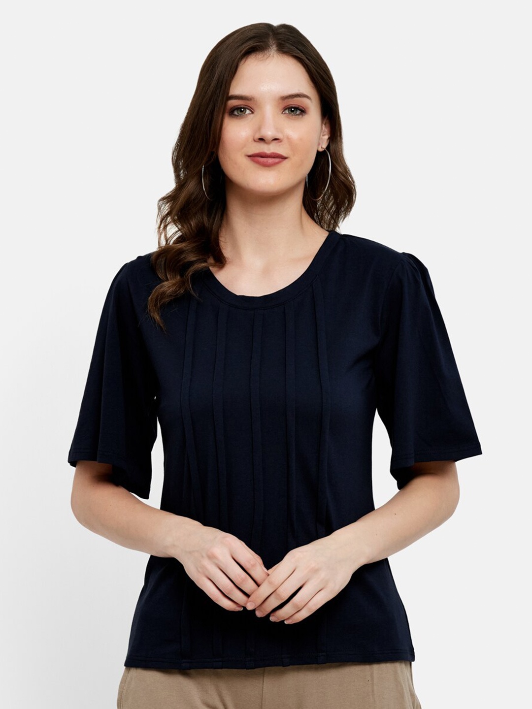 

UNMADE Navy Blue Solid Cotton Modal Pleated Top