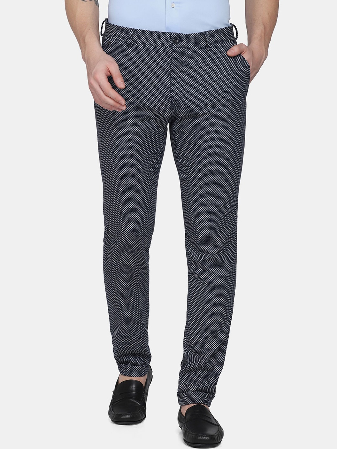 

Blackberrys Men Navy Blue Textured Skinny Fit Trousers