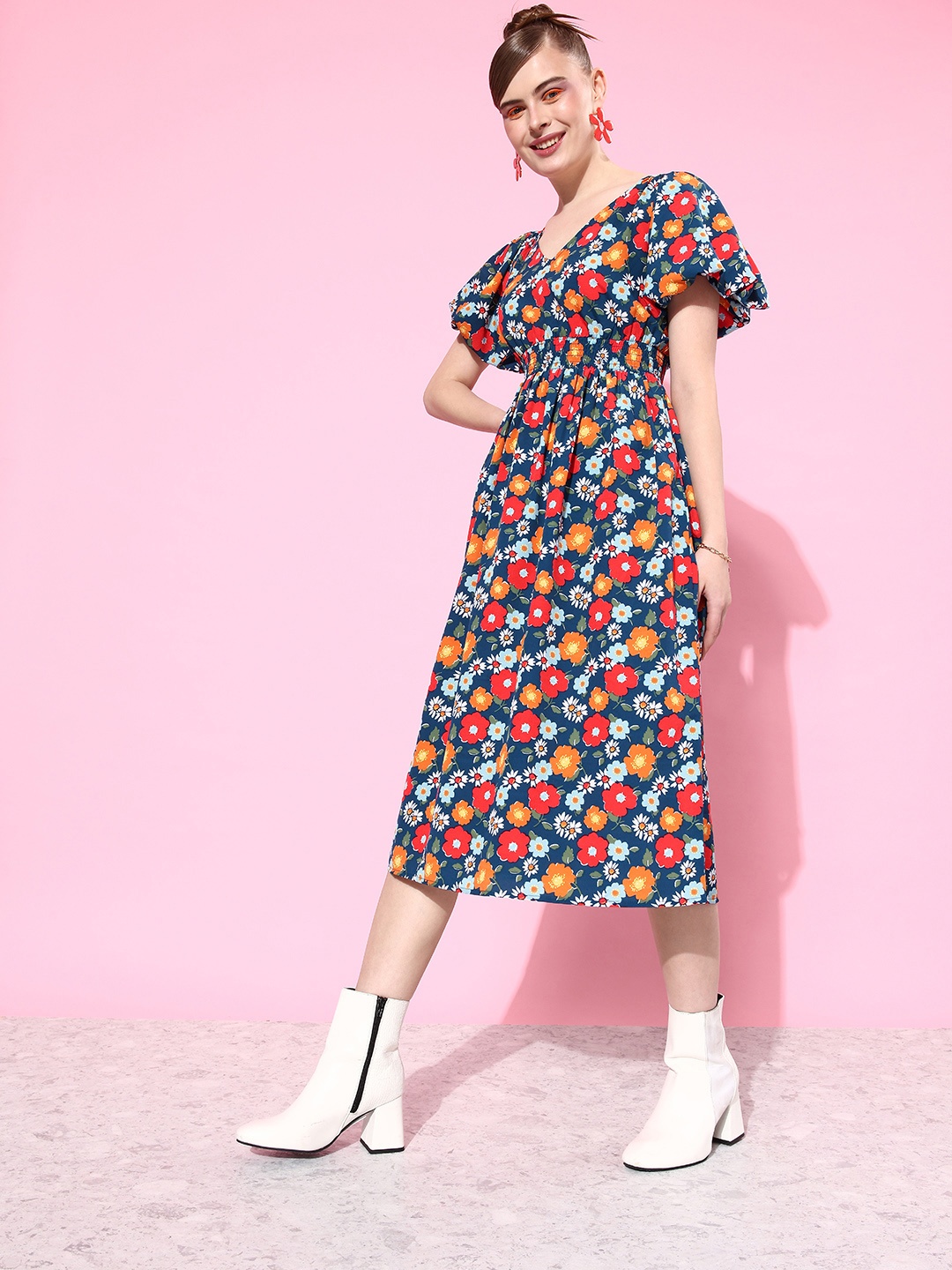 

Mast & Harbour Ocean Blue & Multi Retro Optimism Floral Printed Indie Gal Midi Dress