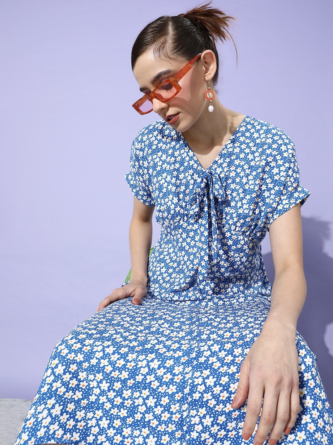 

Mast & Harbour Dusty Blue Floral A-Line Retro Optimism Twists & knots Midi Dress
