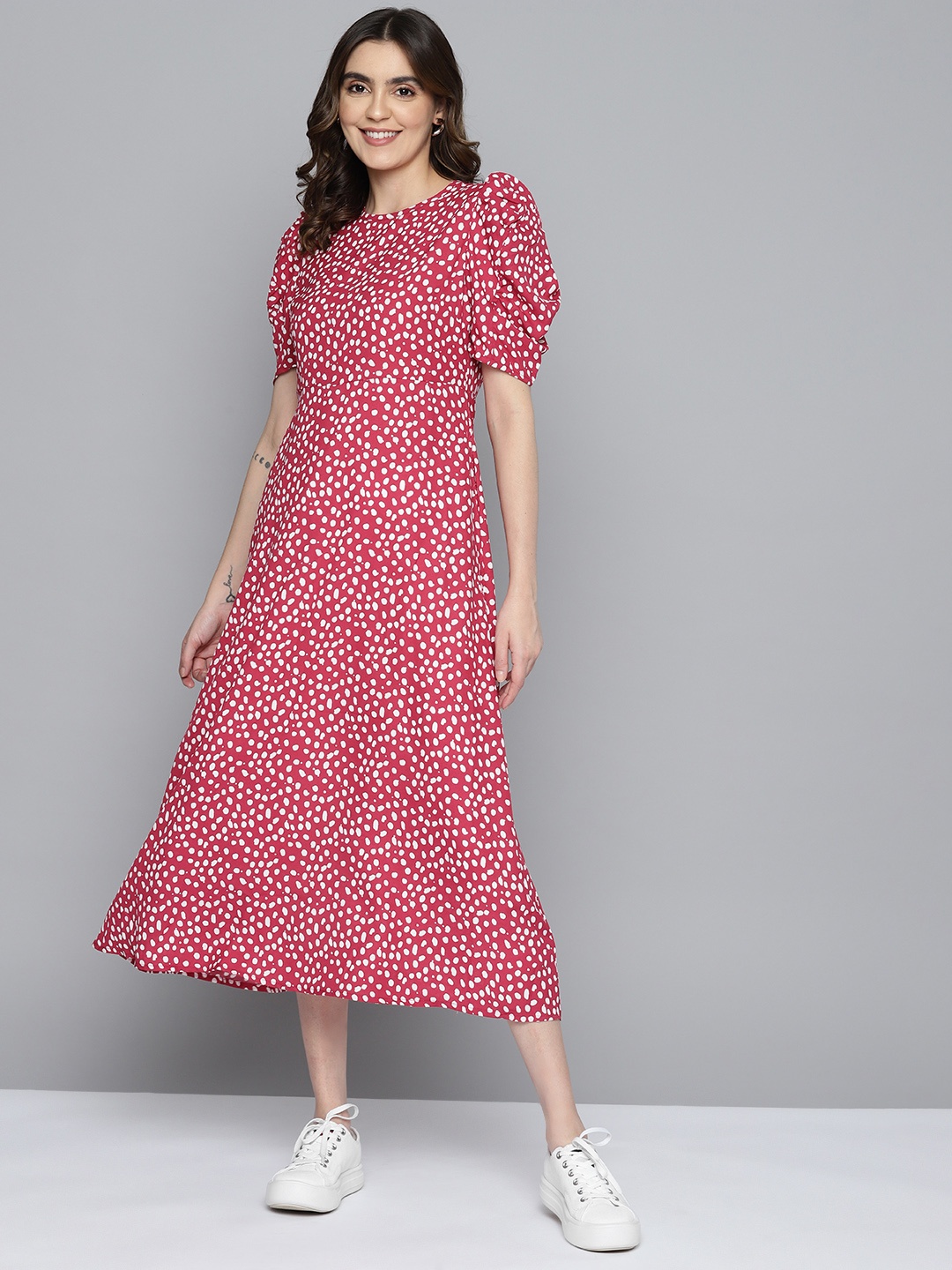 

Mast & Harbour Abstract Printed Puff Sleeves A-line Midi dress, Red