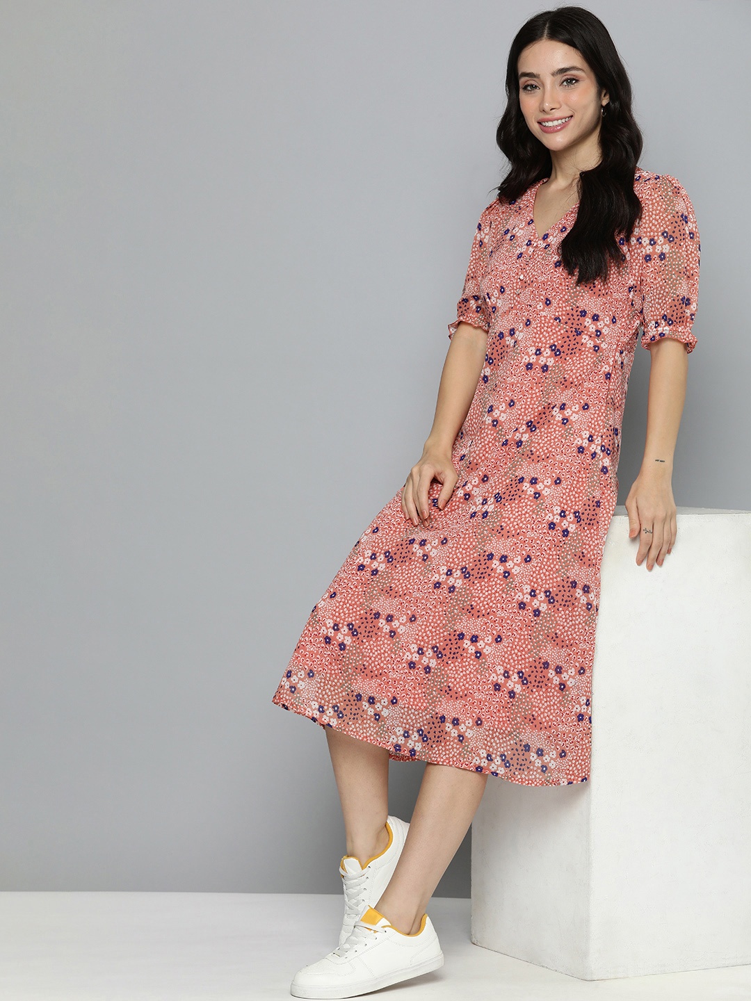 

Mast & Harbour Floral A-Line Midi Dress With Gathered detail, Rose